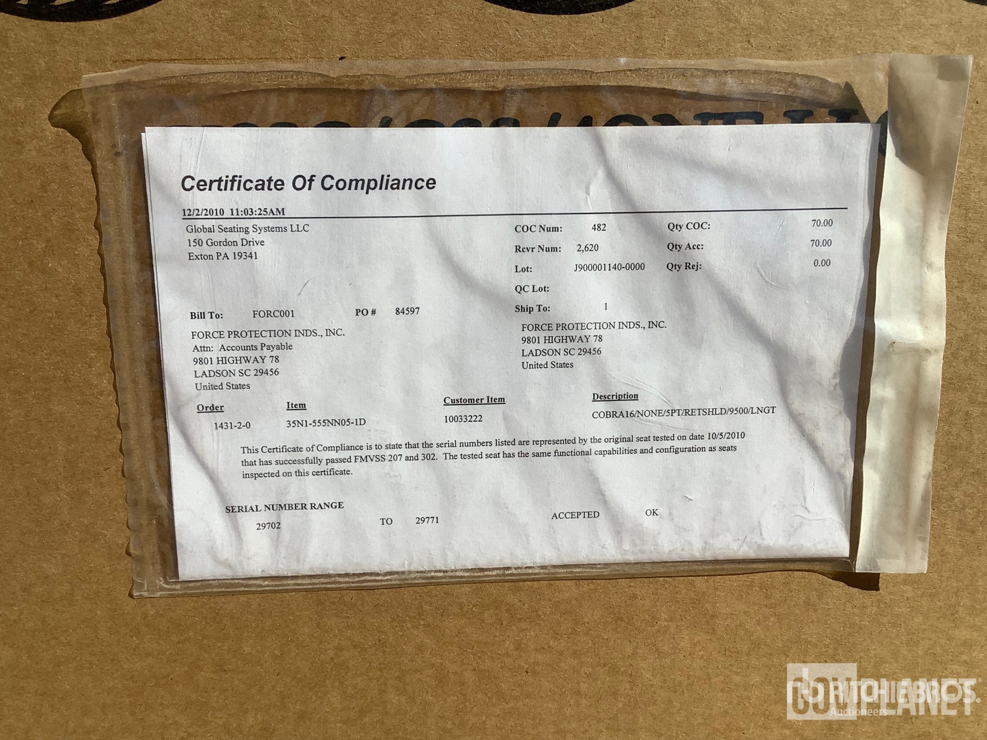 (2) Global Seating Systems 35N1-555NN05-1D MRAP Seat Survivability Upgrade Kits