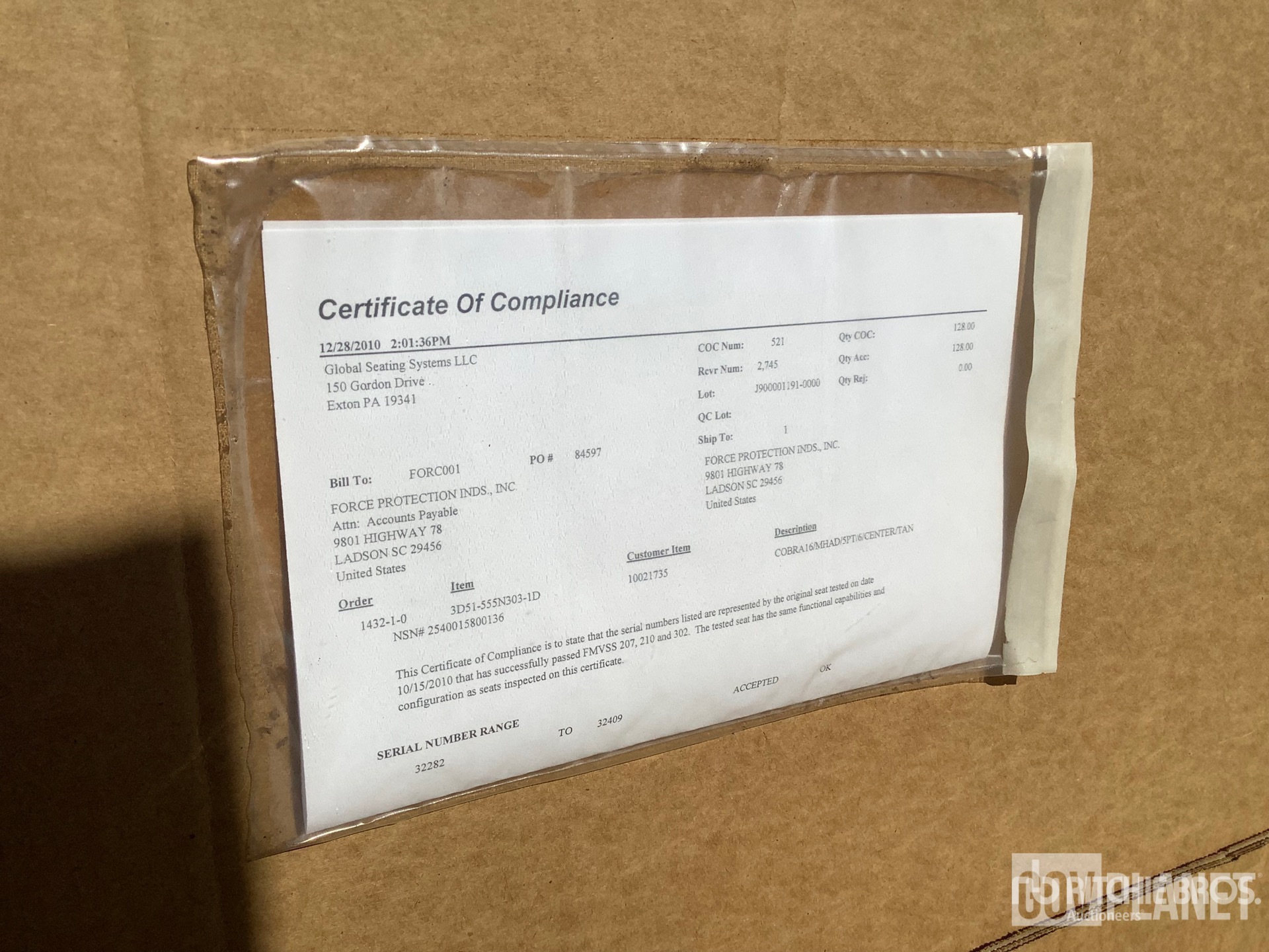 (2) Global Seating Systems 35N1-555NN05-1D MRAP Seat Survivability Upgrade Kits