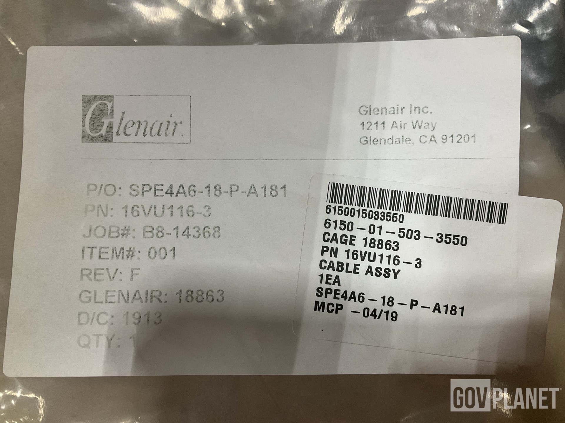 (12) Glenair 16VU116-3 Electrical Special Purpose Cable Assemblies