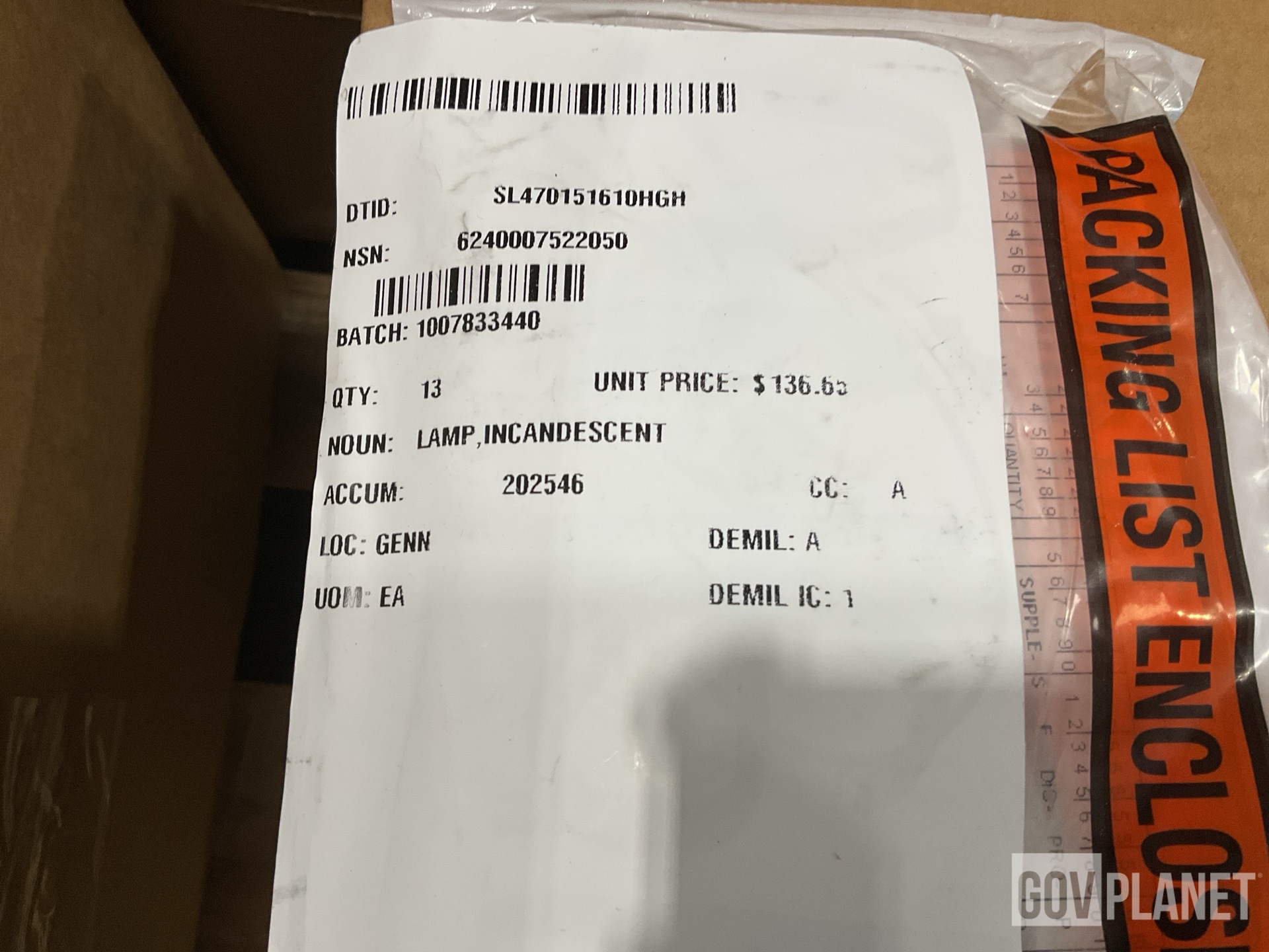 (74) Incandescent Lamps, (7) Headlights, (314) Brake Plates & Assorted Items