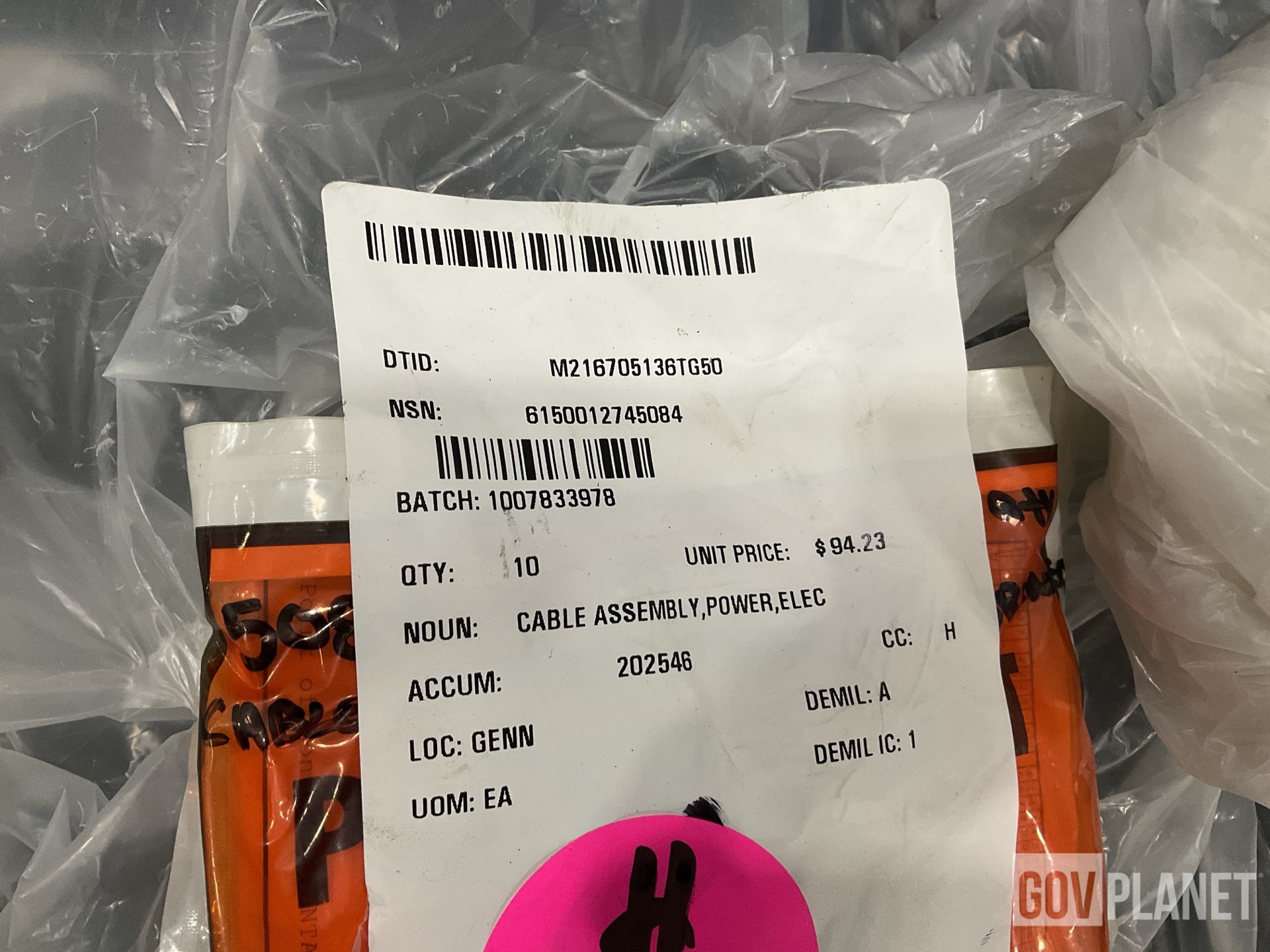(10) Cable Assemblies, (1) Hydraulic Jack, (1) Mounting Tray & Assorted Items