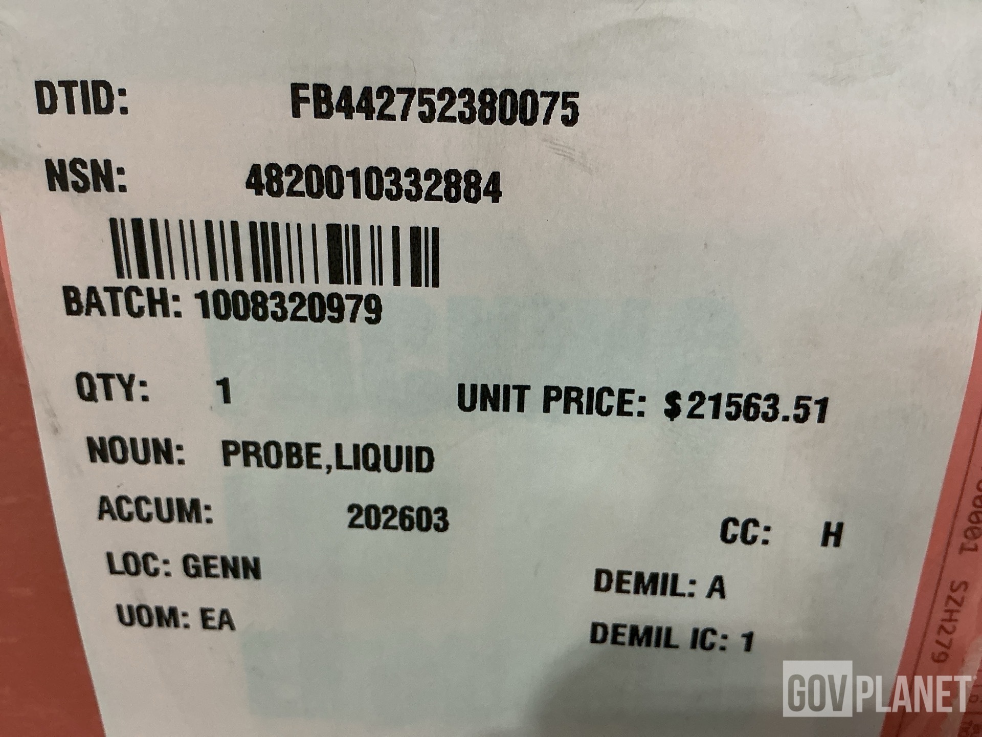 Parker 7720016-105 Fill Coupling Probe