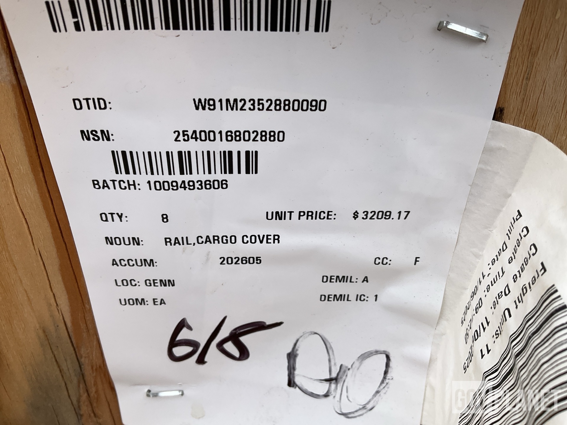 (8) Oshkosh 57K8836 Cargo Cover Rails